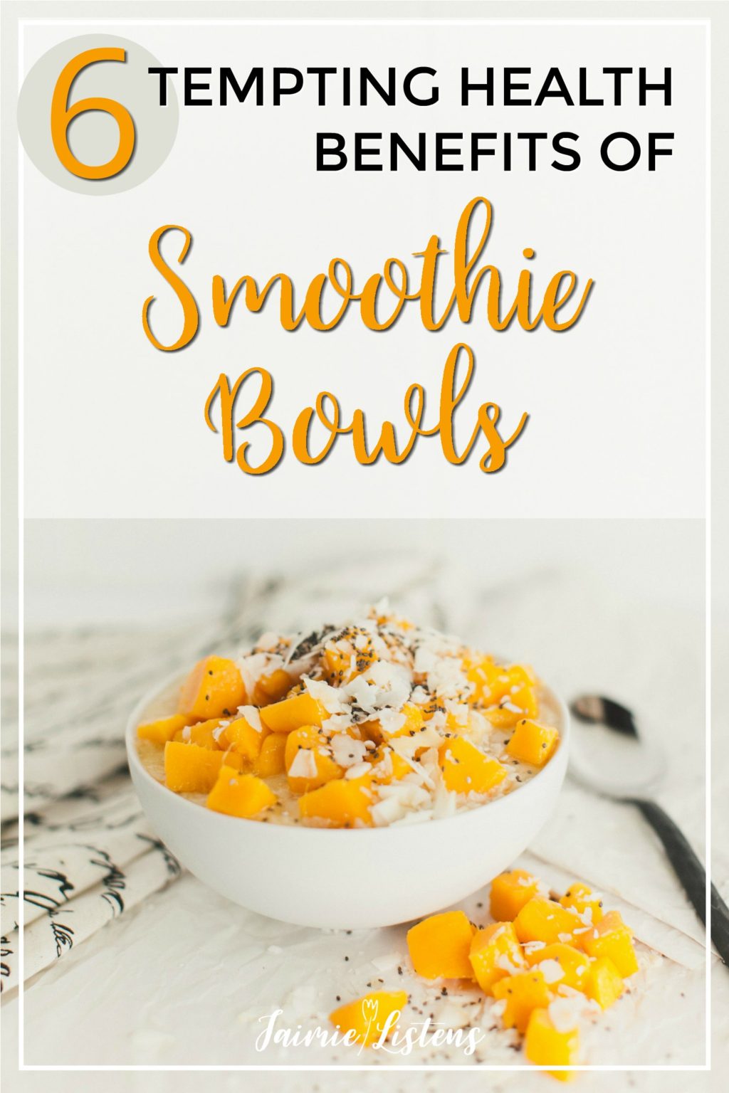 6 Tempting Health Benefits of Smoothie Bowls - Jaimie Listens: Delicious, easy to make smoothie bowls make the perfect breakfast to increase energy and help you keep slim!