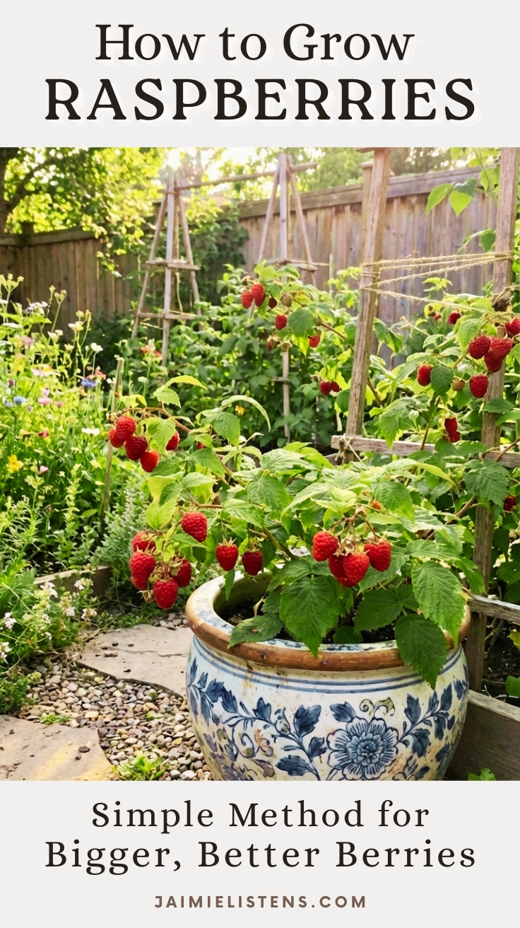 pot of raspberries in a cottage-style raspberry and flower garden demonstrating proper staking and large fruit production