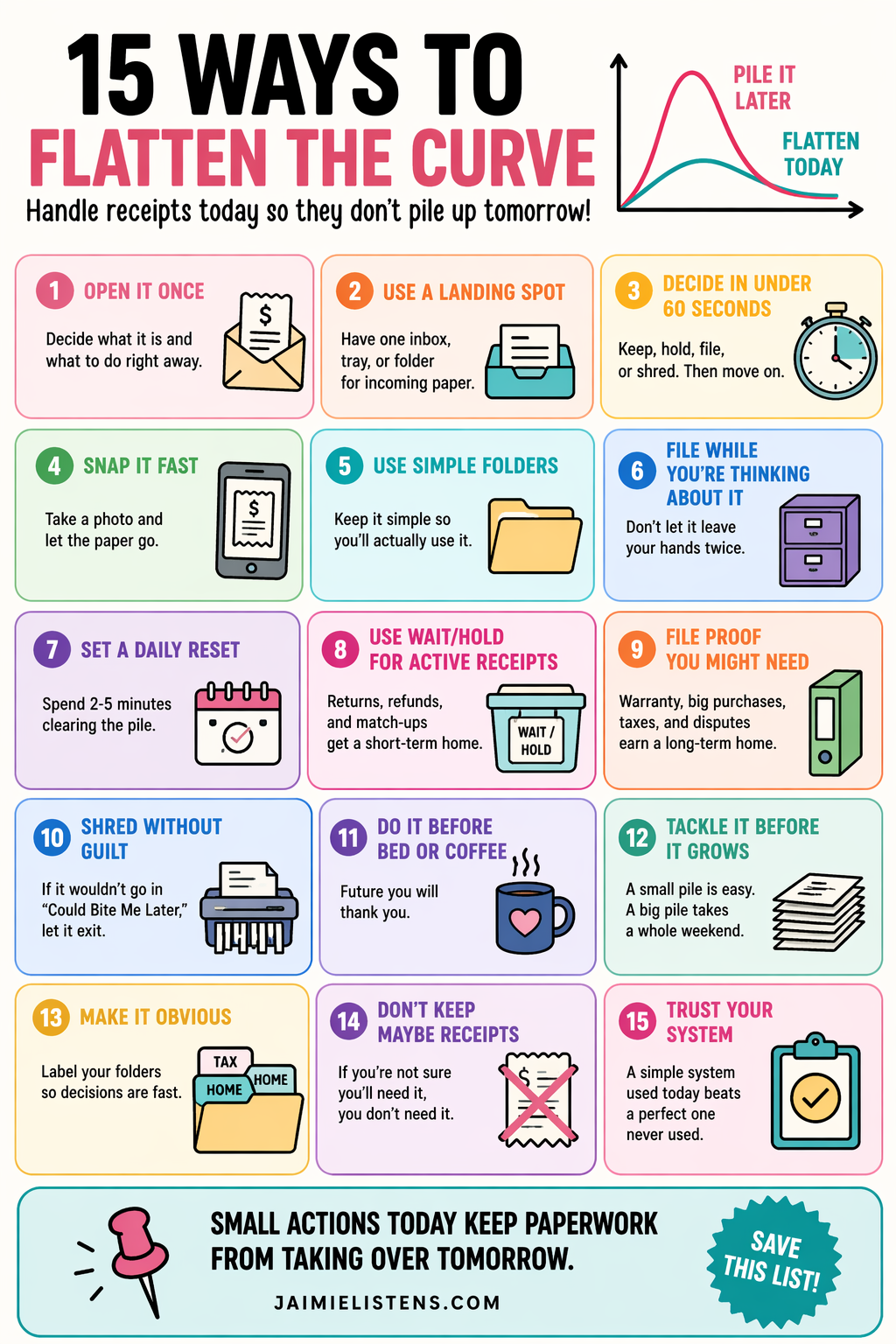 Infographic of 15 ways to keep receipts from piling up when organizing paperwork.