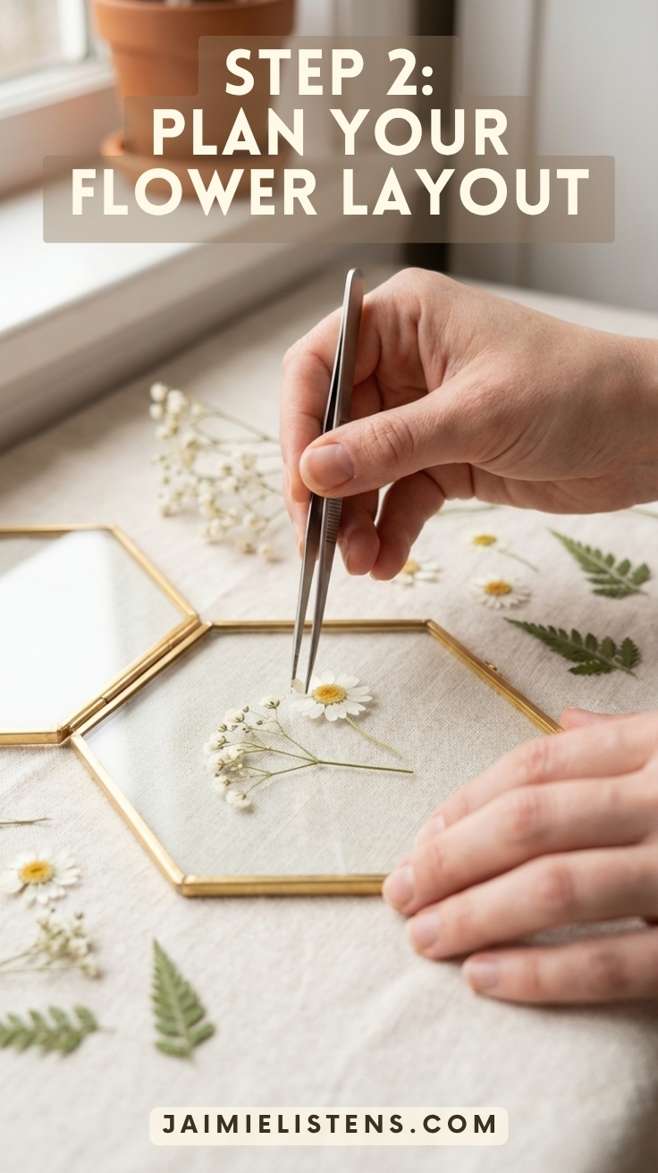 Arranging pressed flowers inside a glass frame using tweezers for a suncatcher design