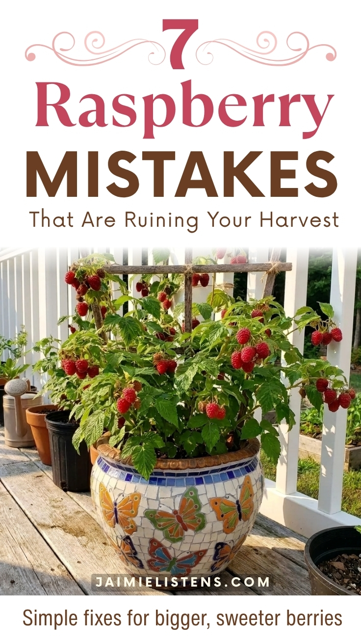 Infographic showing growing raspberries on a patio with them next to a railing.