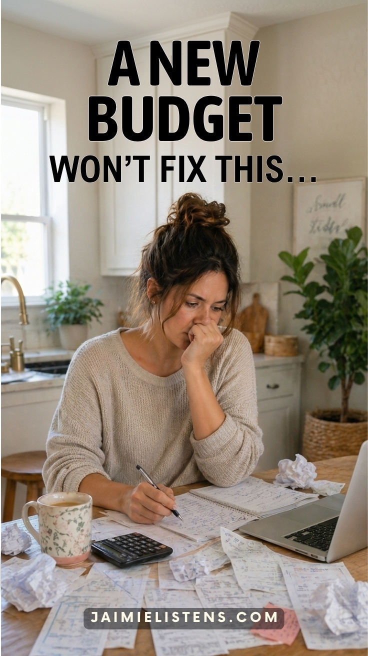 Frustrated woman sits at the kitchen table trying to fix her budget.