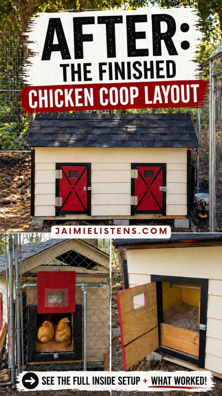 A completed diy chicken coop made from a dog house showing two buff orpington chickens peeking out the exit.