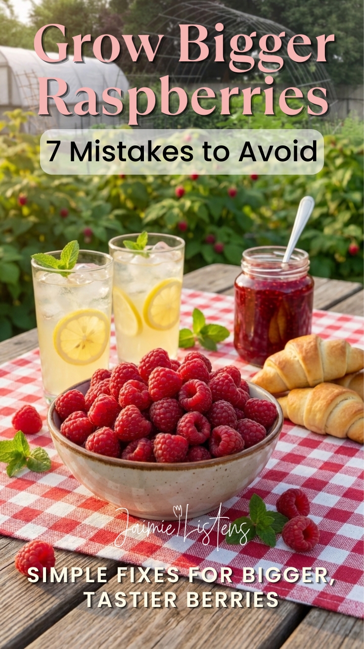 Big raspberries in a bowl freshly harvested from the garden in the background.