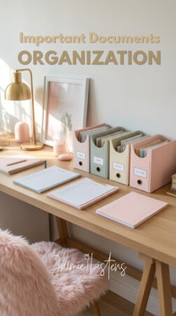 Feminine desktop with important documents organization using the 4x4 system.