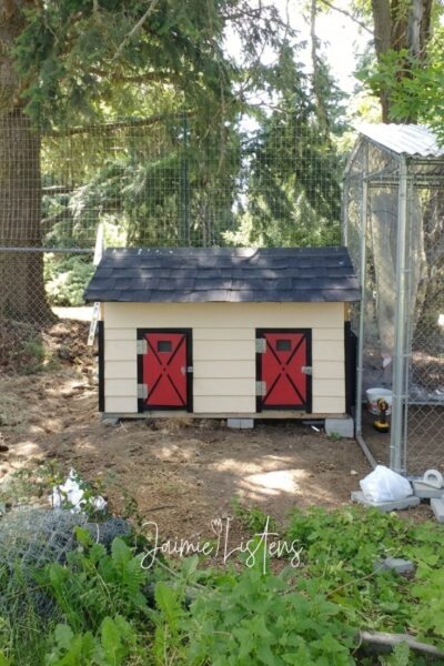 Image of a dog house modified into a chicken coop.