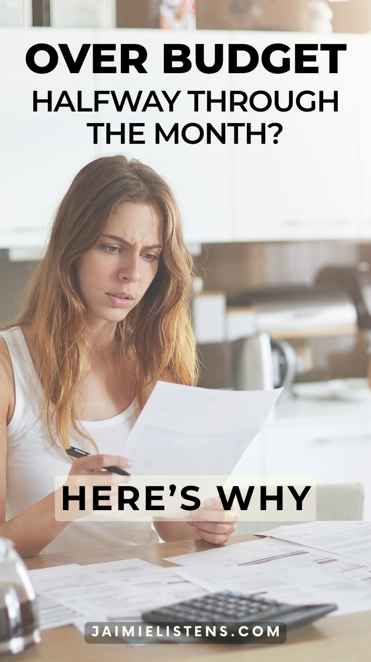 Girl looking stressed while reviewing a budget halfway through the month.
