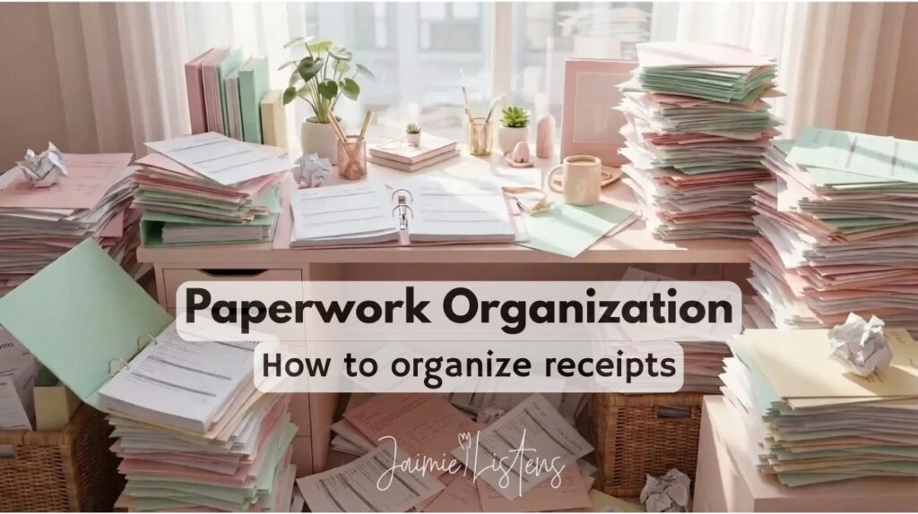 Paperwork organization showing a desk full of receipts ready to be sifted through and organized.