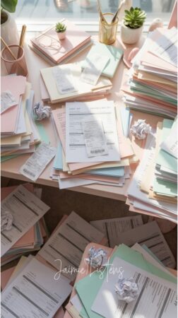 Desk covered with receipts waiting to be sorted for paperwork organization.