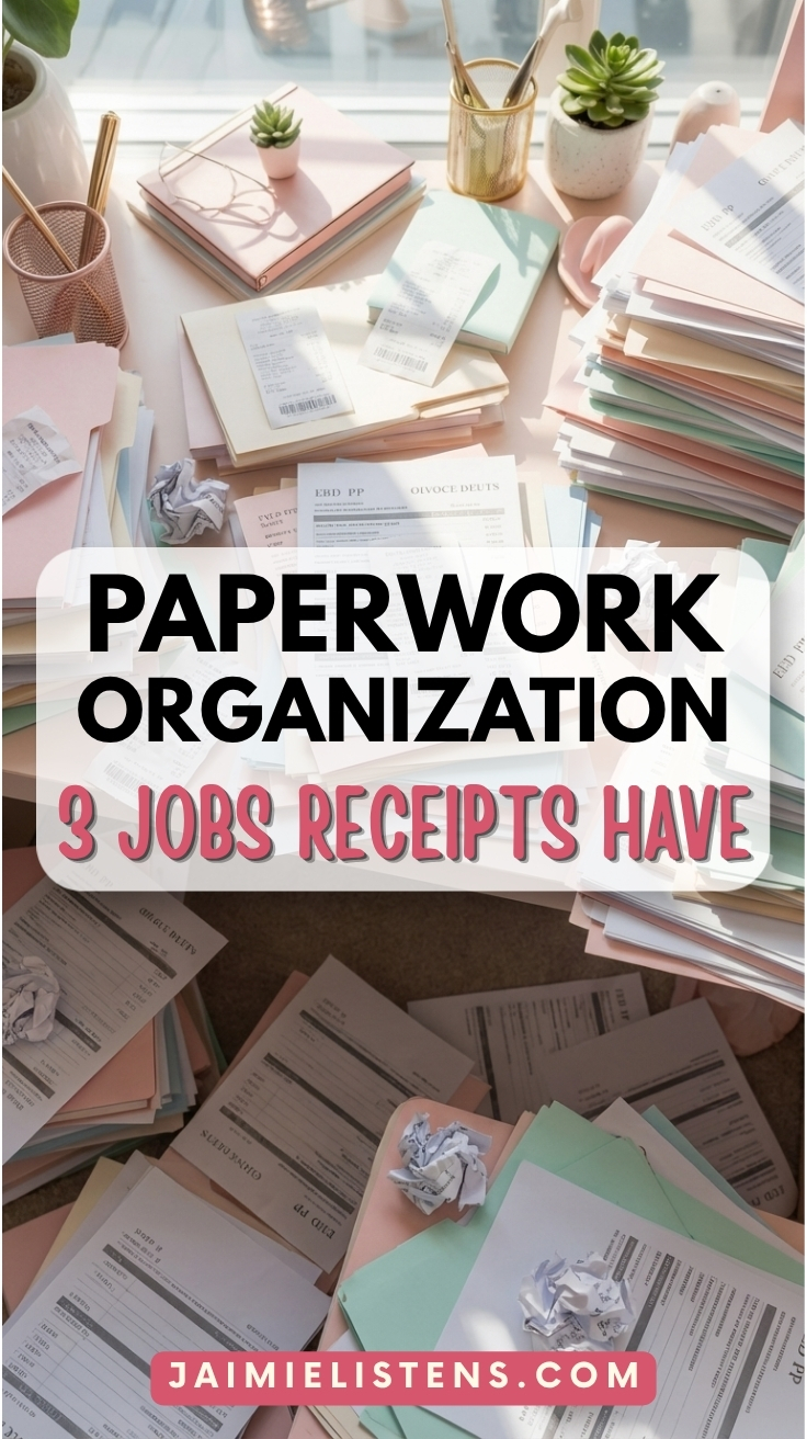 Desk covered in receipts and paperwork that needs to be organized.