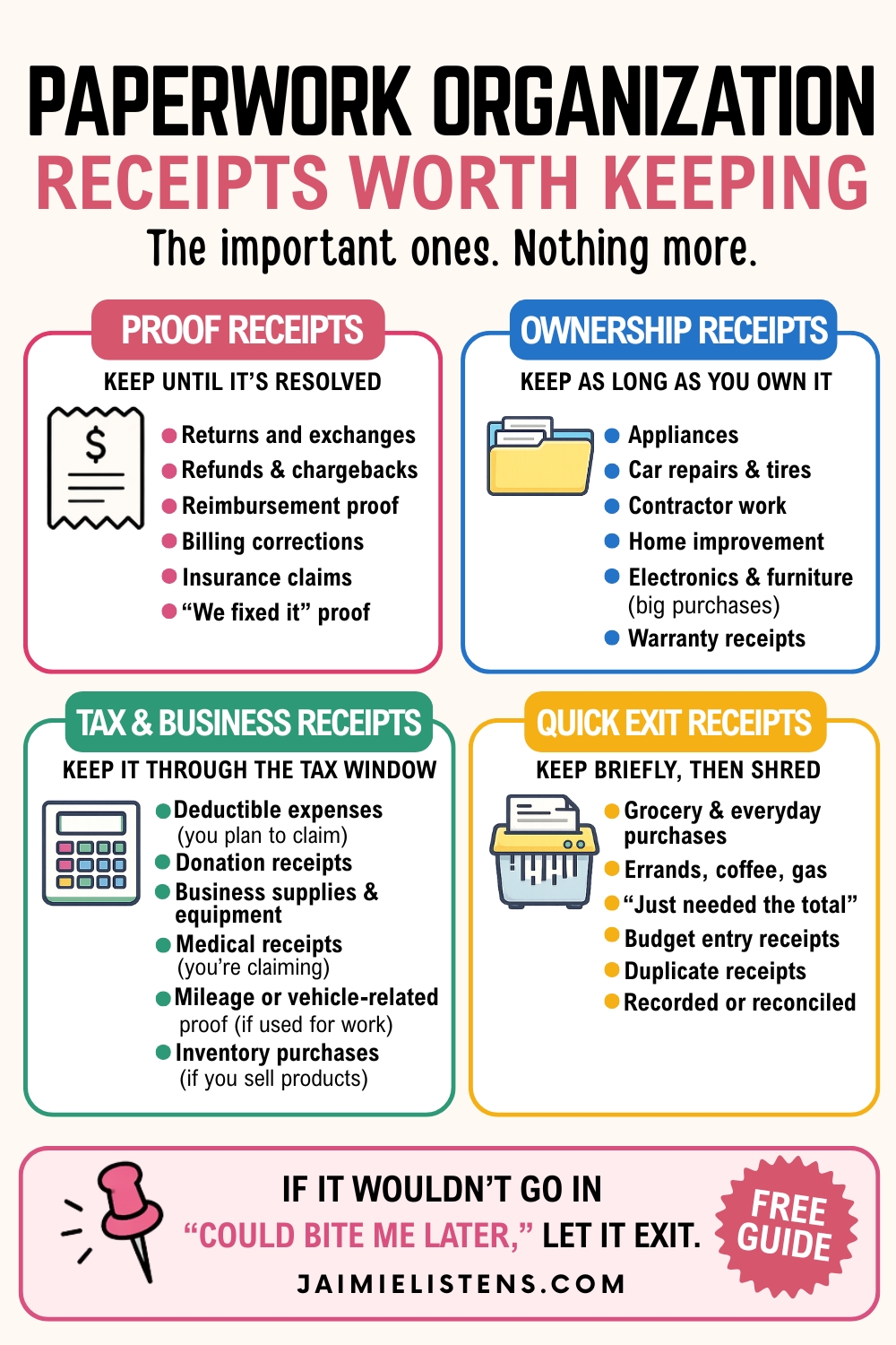 Infographic showing four categories of receipts work keeping when organizing paperwork.