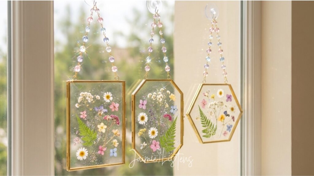 Pressed flower suncatcher craft hanging in a sunny window with delicate dried flowers and soft light