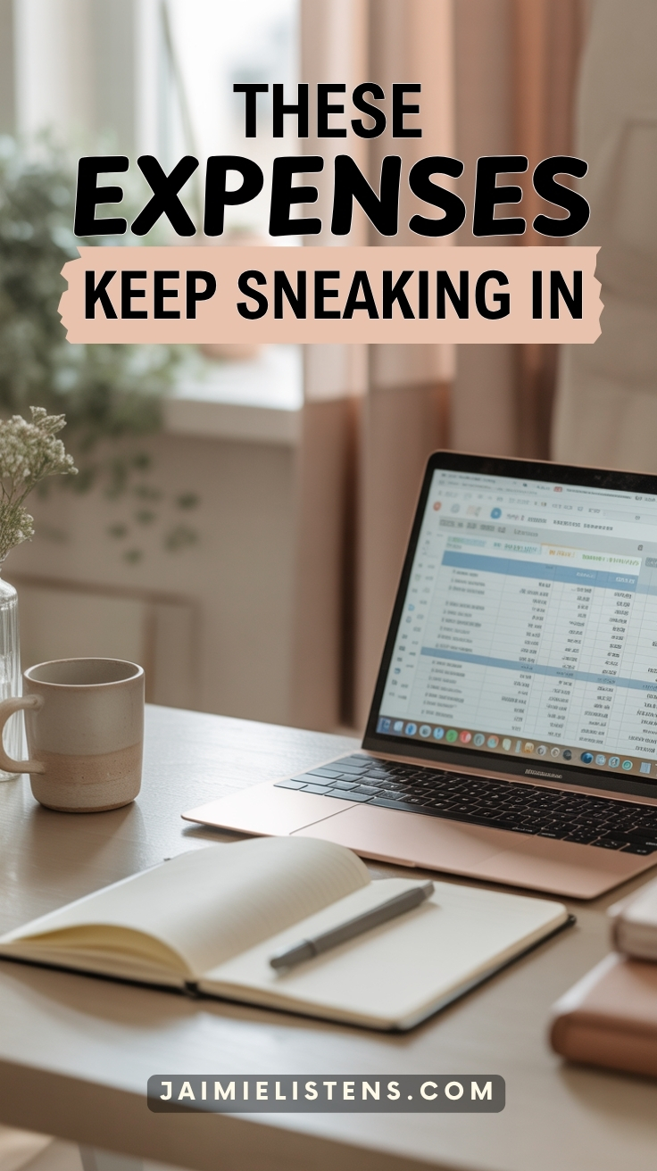 Desk with a budget spreadsheet and notebook with the topic of how expenses sneak up on you.
