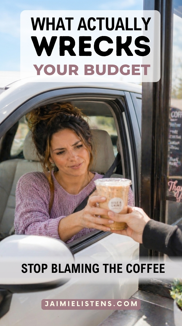 Infographic of a woman getting a coffee in a drive through feeling guilty about her budget.