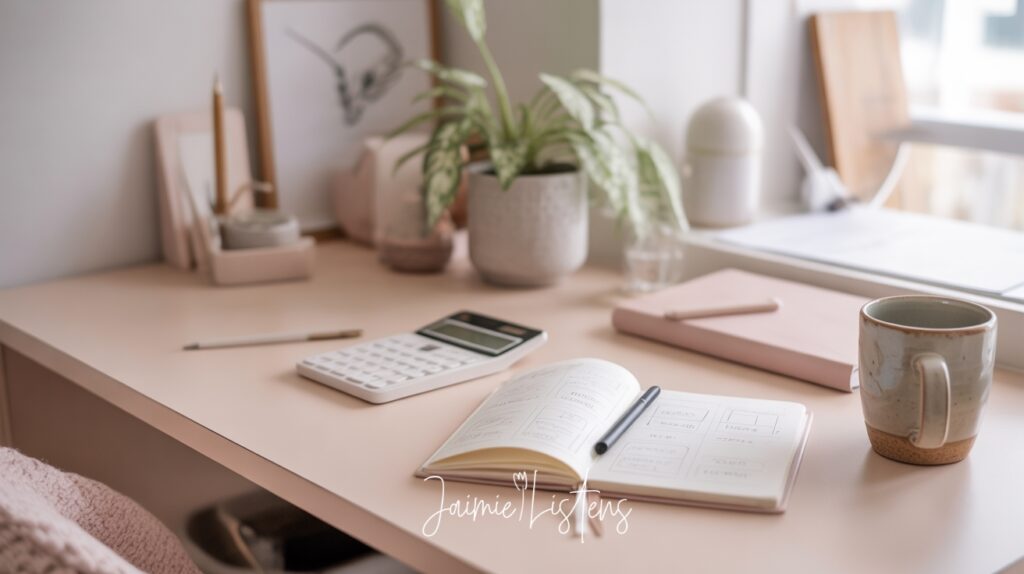 Cozy office desk with budgeting notes and calculator.
