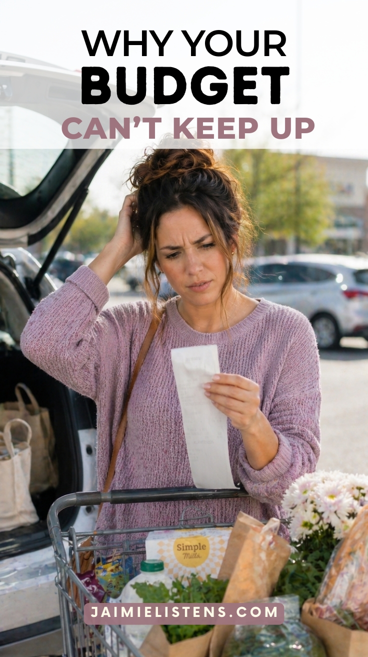 Woman questioning her spending at the grocery store.