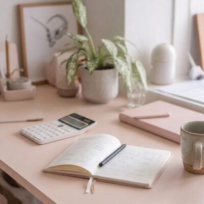 Budget notebook and calculator on the desk by a bright window.