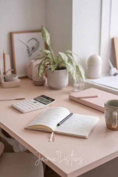 Budget notebook and calculator on the desk by a bright window.