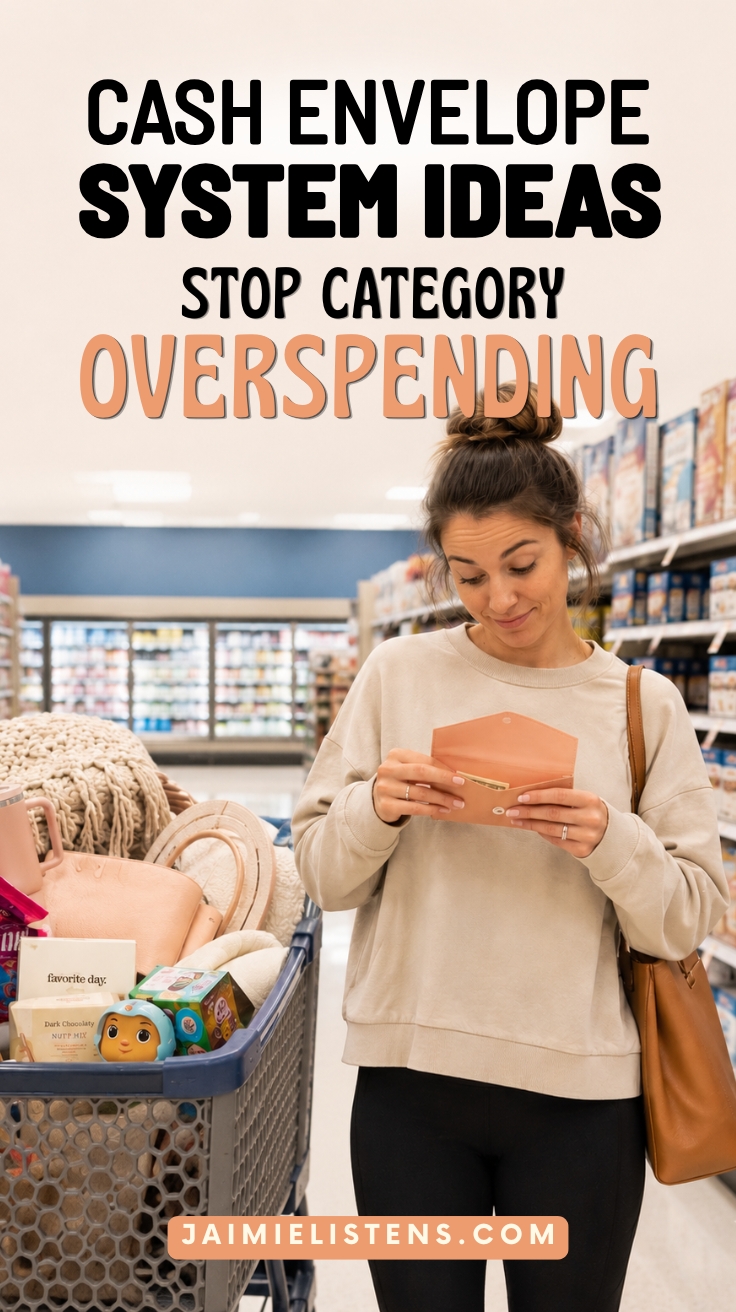 Woman standing in a grocery store looking into a cash envelope beside a full shopping cart.