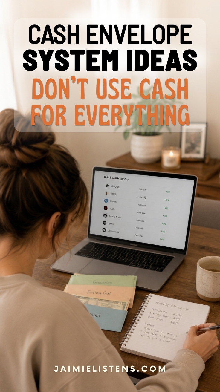 Woman sitting at a table with cash envelopes, a notebook, and a laptop showing bills and subscriptions.