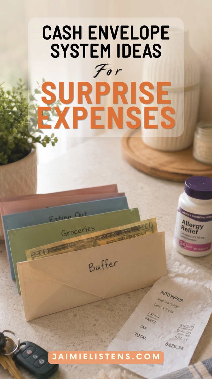 Cash envelopes labeled Eating Out, Groceries, and Buffer on a counter beside keys, a receipt, and a bottle of allergy medicine.