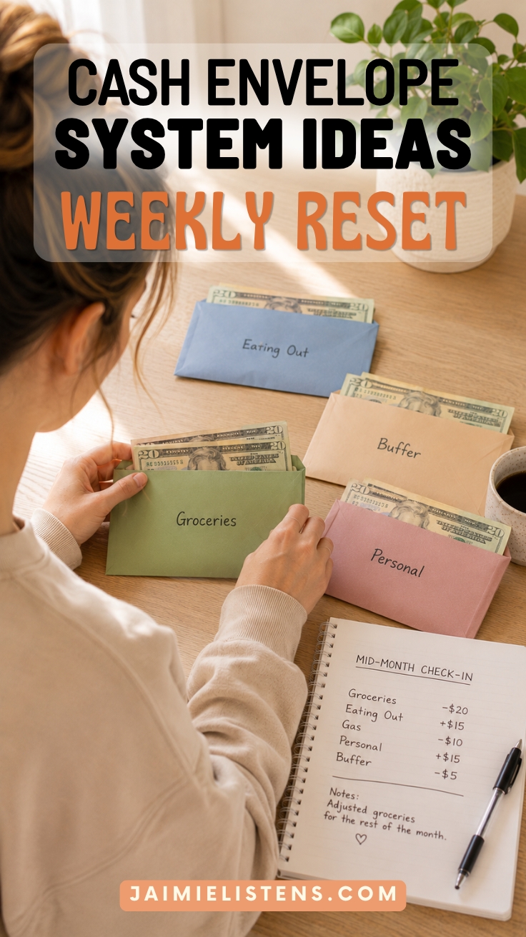 Woman reviewing cash envelopes at a table with a notebook showing a mid-month budget check-in.