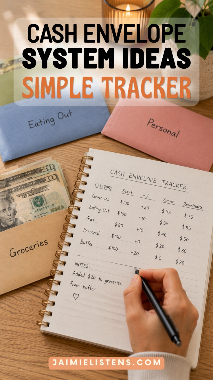 Notebook labeled cash envelope tracker beside grocery and personal spending envelopes and loose cash on a wooden table.