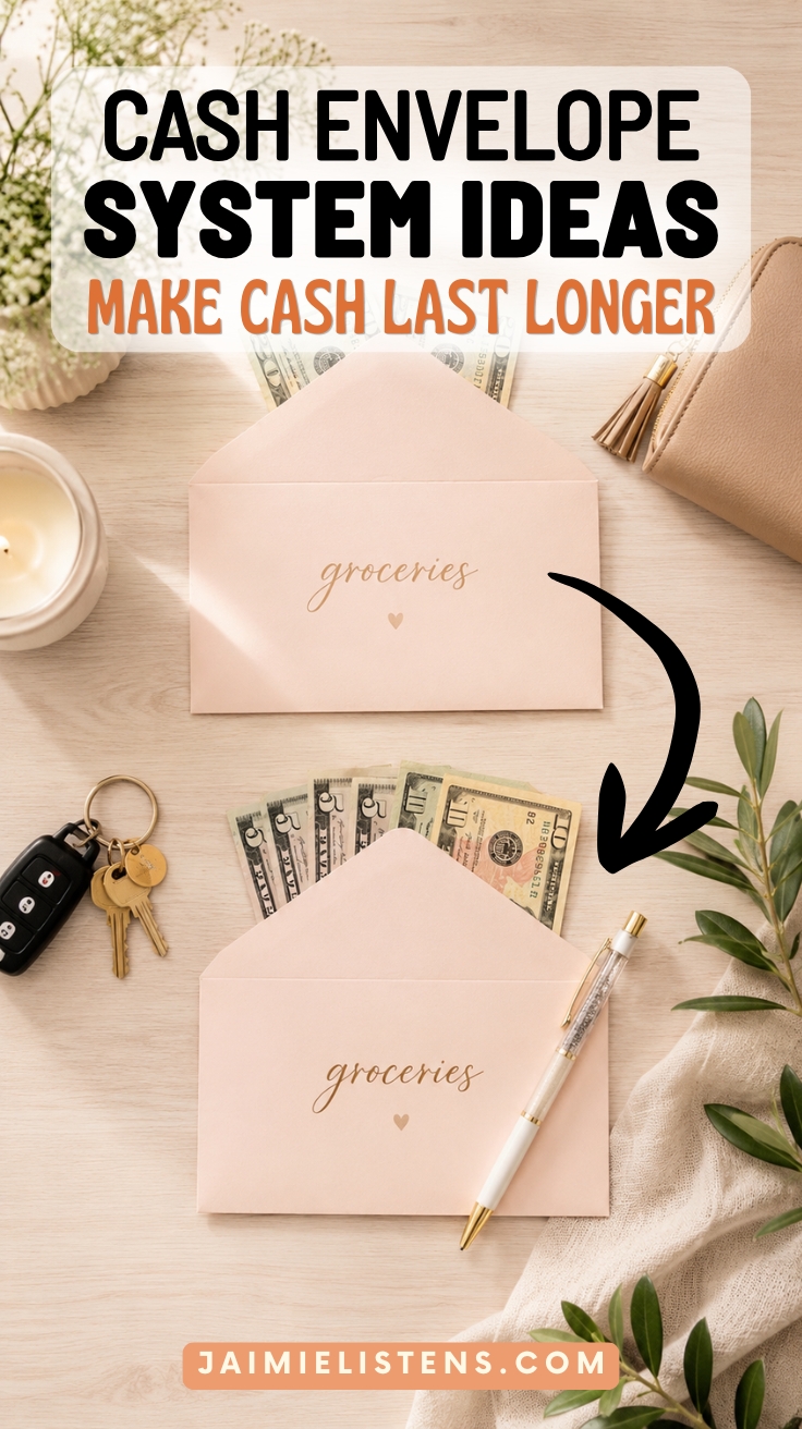 Two blush grocery cash envelopes filled with smaller bills styled with keys, candle, pen, and greenery on a light wood surface.