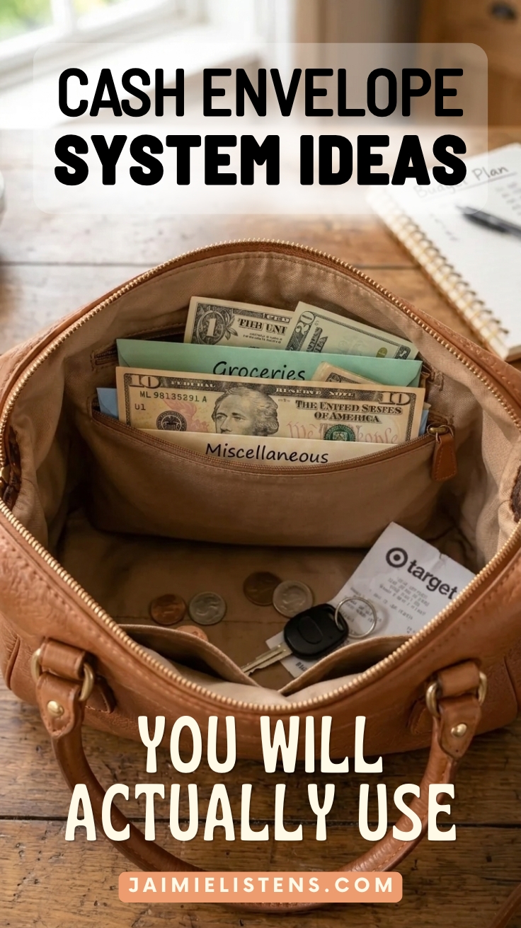 Open purse with labeled cash envelopes, loose change, a receipt, and keys inside on a wooden table.
