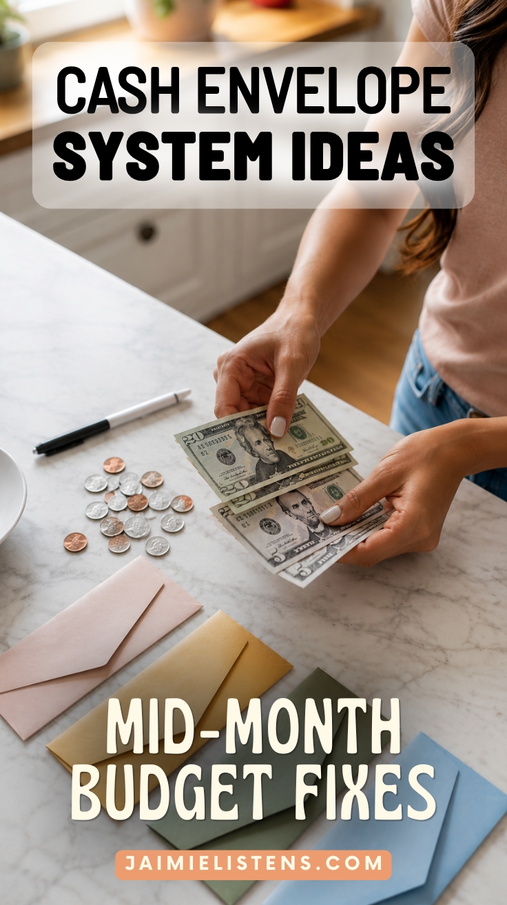 Woman counting cash at a kitchen counter beside pastel envelopes and loose coins.