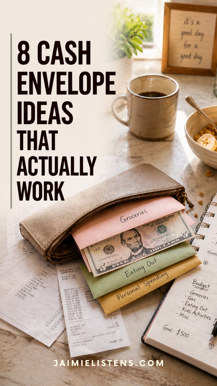 Cash envelope system setup in a purse with labeled envelopes for groceries, eating out, and personal spending, with a five dollar bill, receipts, and a notebook on a kitchen counter.