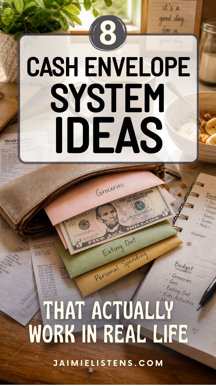 Styled cash envelope system scene with labeled envelopes, cash, receipts, wallet, coffee mug, and notebook on a kitchen counter.