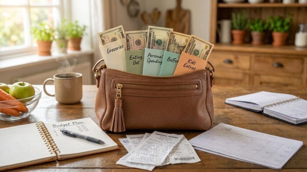 Cash envelope system for budgeting laid out on a cozy kitchen table.
