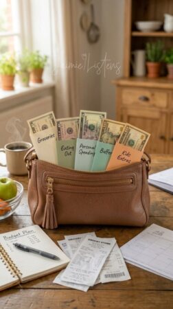 Budget envelope system in a purse on a kitchen table.