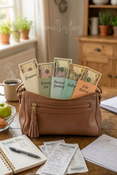 Budget envelope system in a purse on a kitchen table.