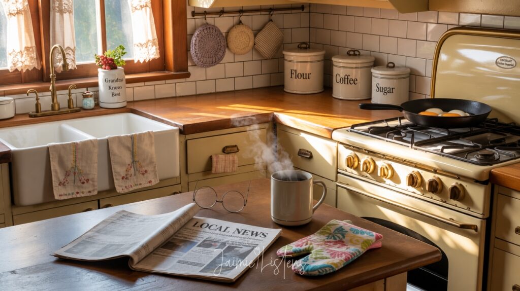 Warm vintage grandma house aesthetic kitchen with a cream farmhouse sink, vintage stove, steaming coffee mug, folded newspaper, reading glasses, cozy morning sunlight, floral towels, and nostalgic cottage-style decor.