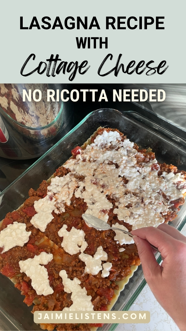 Spoon adding cottage cheese over layered noodles and meat sauce in homemade lasagna recipe with cottage cheese.