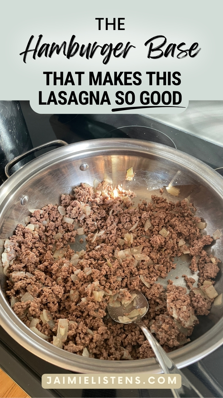 Hamburger and onions cooking in a frying pan for homemade lasagna recipe with cottage cheese.