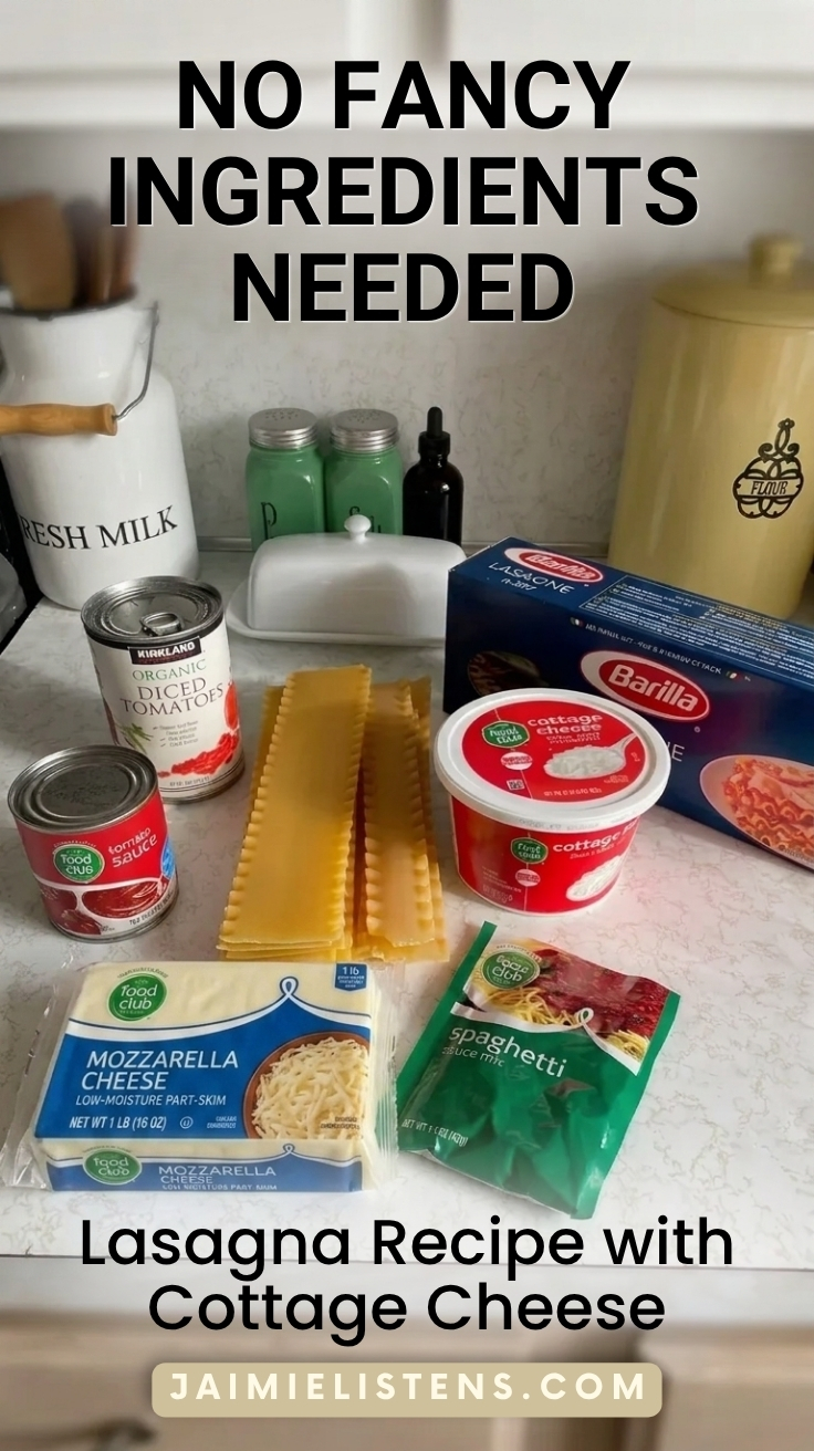 Lasagna ingredients arranged on a countertop including noodles, cottage cheese, mozzarella cheese, canned tomatoes, hamburger, and spaghetti sauce mix.