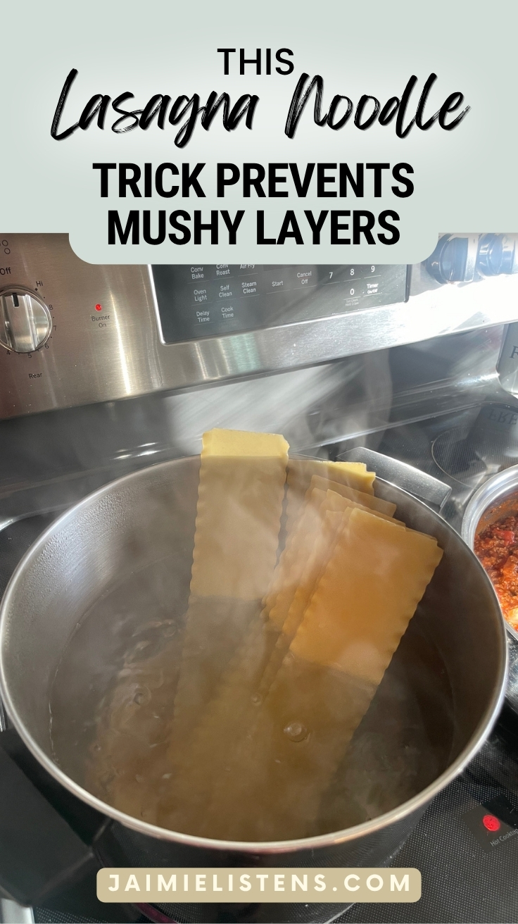 Lasagna noodles boiling in a large stock pot during preparation for homemade lasagna recipe with cottage cheese.