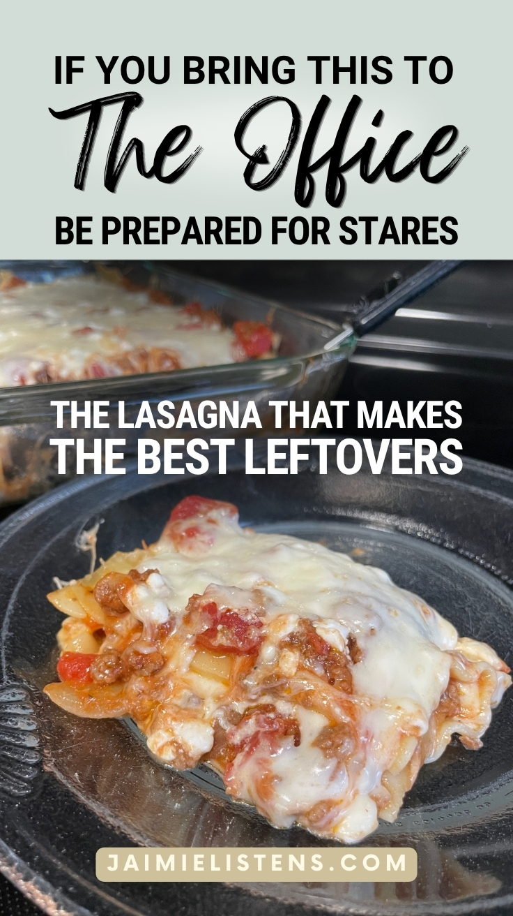 Cheesy slice of homemade lasagna recipe with cottage cheese served from a glass baking dish with melted mozzarella cheese pull.