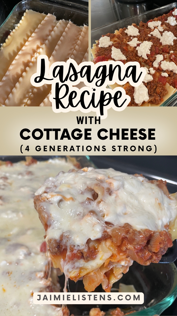 Finished serving of homemade lasagna recipe with cottage cheese being lifted from a glass baking dish with melted mozzarella cheese stretching from the pan.