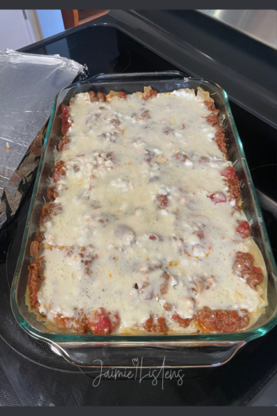 Pan of homemade lasagna fresh out of the oven.