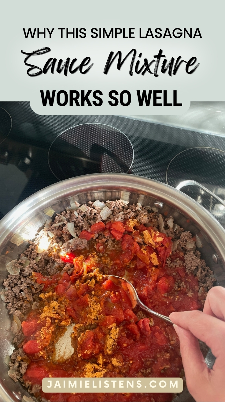Hamburger mixture with diced tomatoes, tomato sauce, and spaghetti seasoning cooking in a frying pan for lasagna recipe with cottage cheese.
