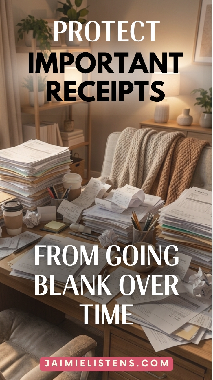 Desk covered in receipts and paperwork.