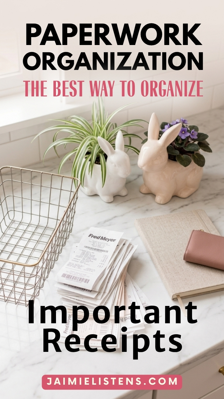 Neat stack of receipts on the kitchen counter with a notebook and wallet.