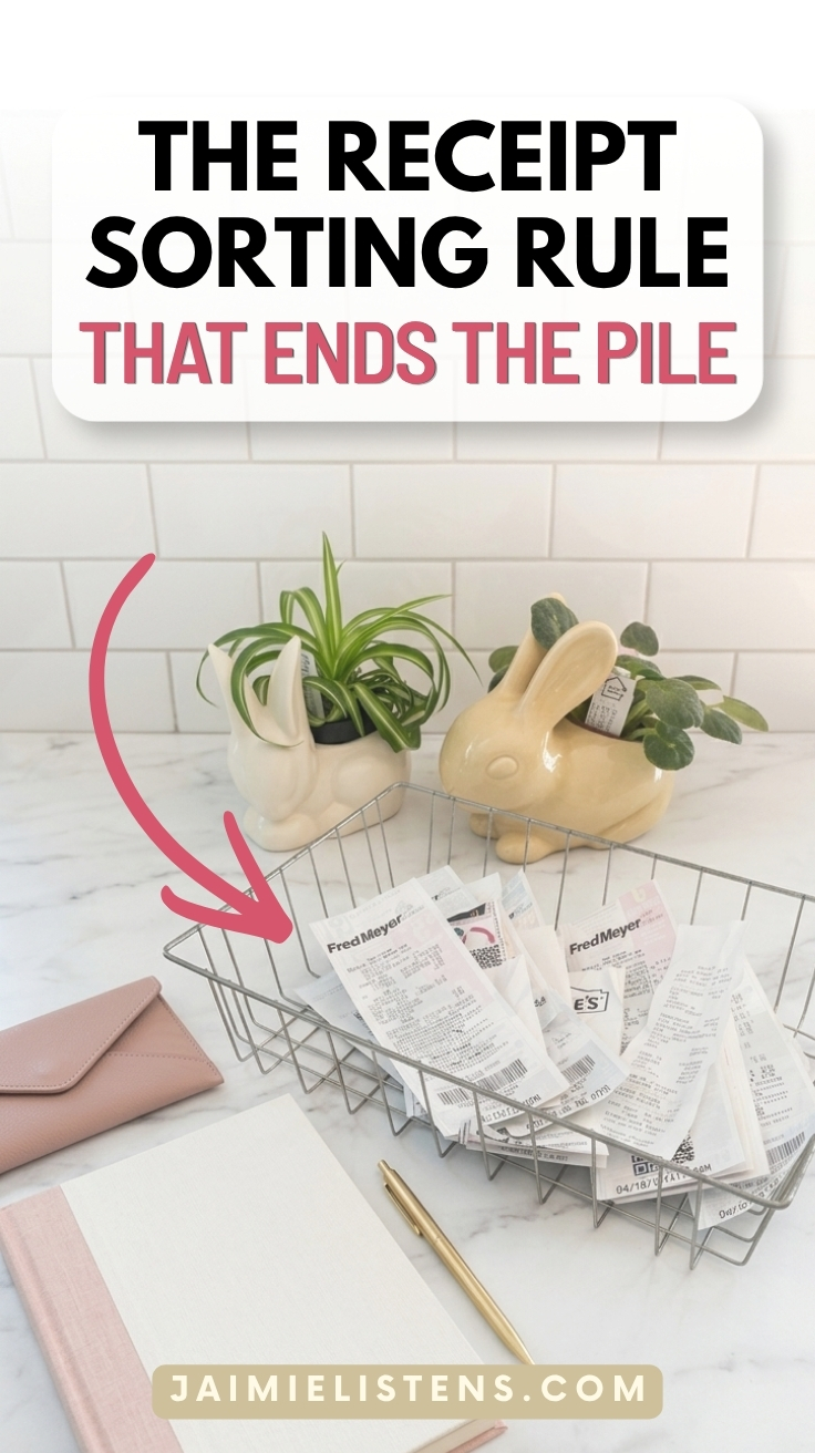 Pile of receipts in a wire basket on a countertop.