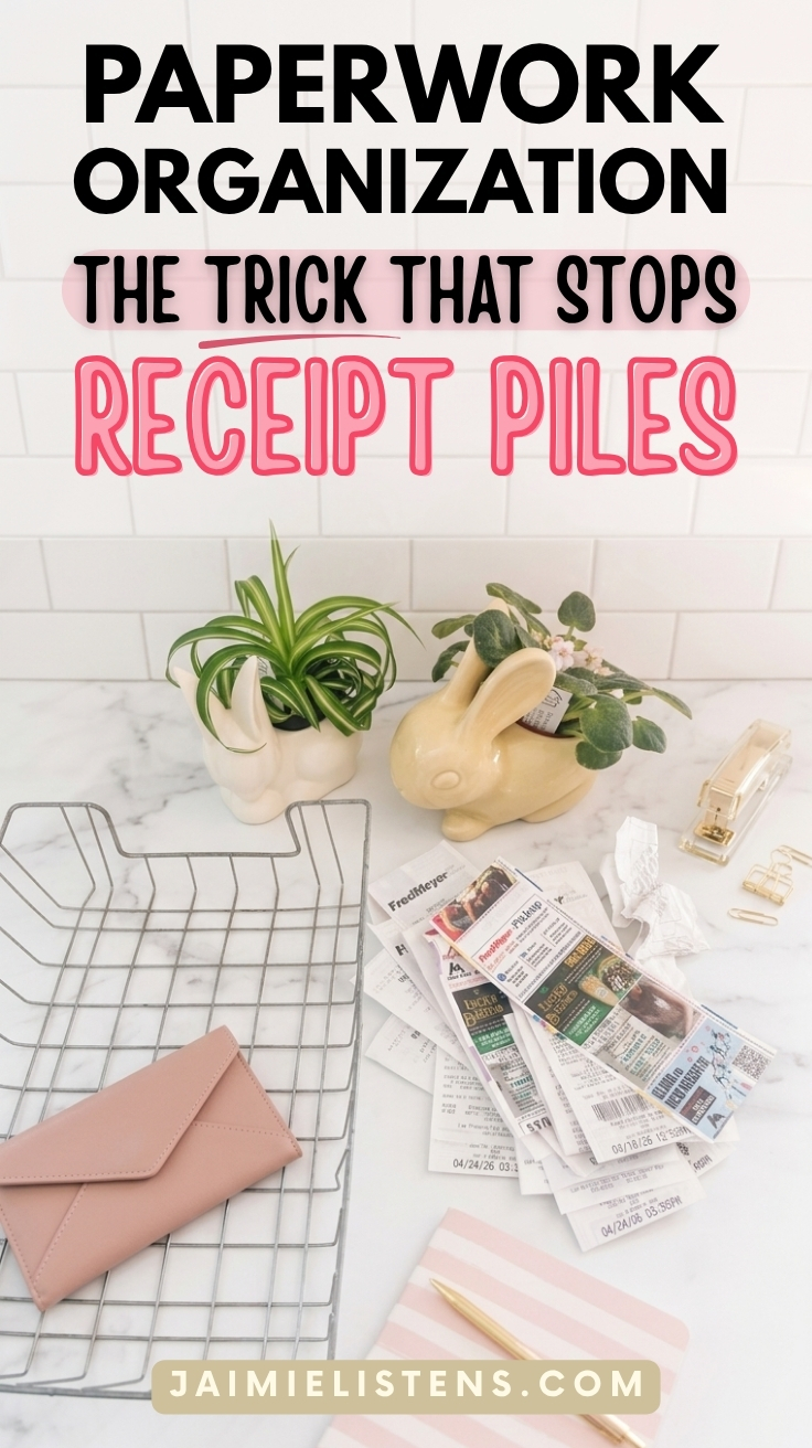 Pile of receipts on a countertop with a sorting bin near by.