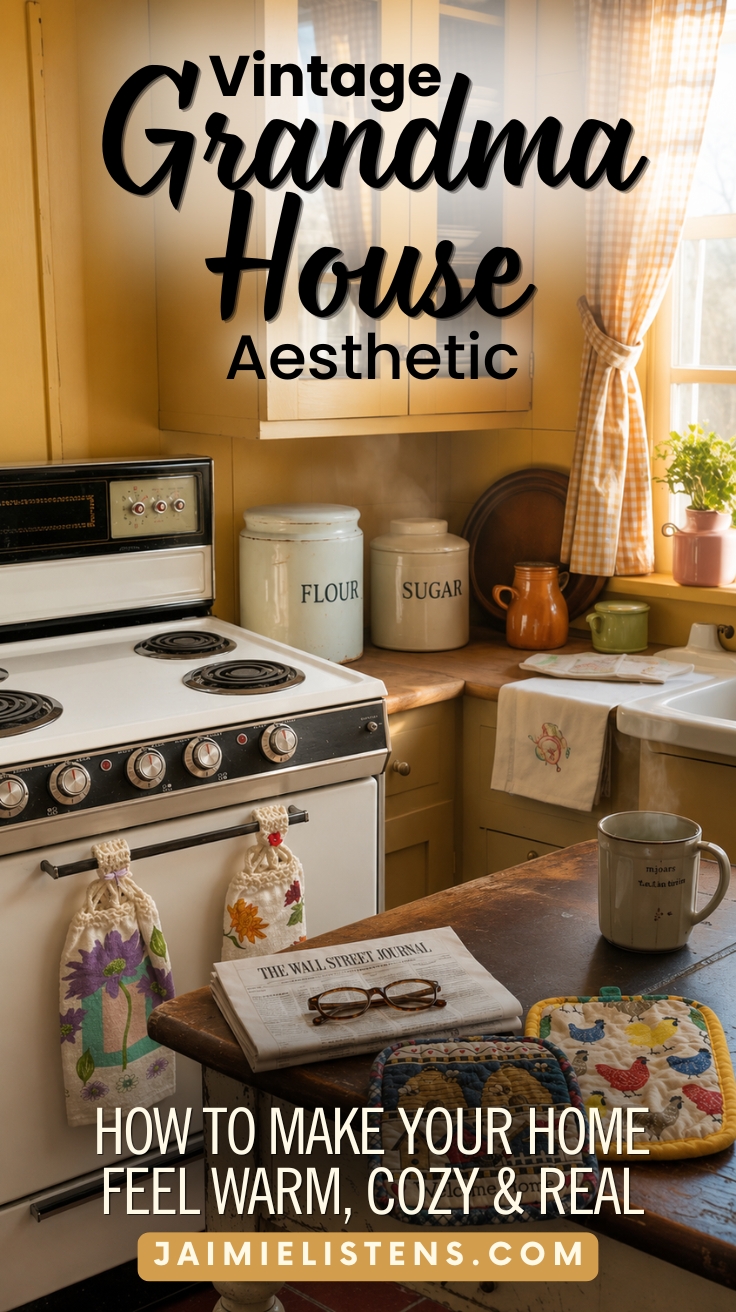 Cozy vintage farmhouse kitchen with warm yellow walls, a retro cream stove, handmade towels, steaming coffee, rustic wood table, newspaper, and nostalgic grandma house charm glowing in morning sunlight.