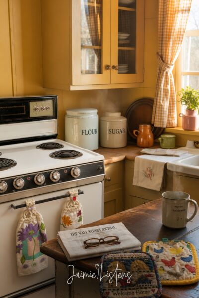 Warm yellow vintage grandma-style kitchen with an old-fashioned cream stove, handmade kitchen towels, farmhouse table, steaming coffee mug, newspaper, potholders, and cozy golden morning light.